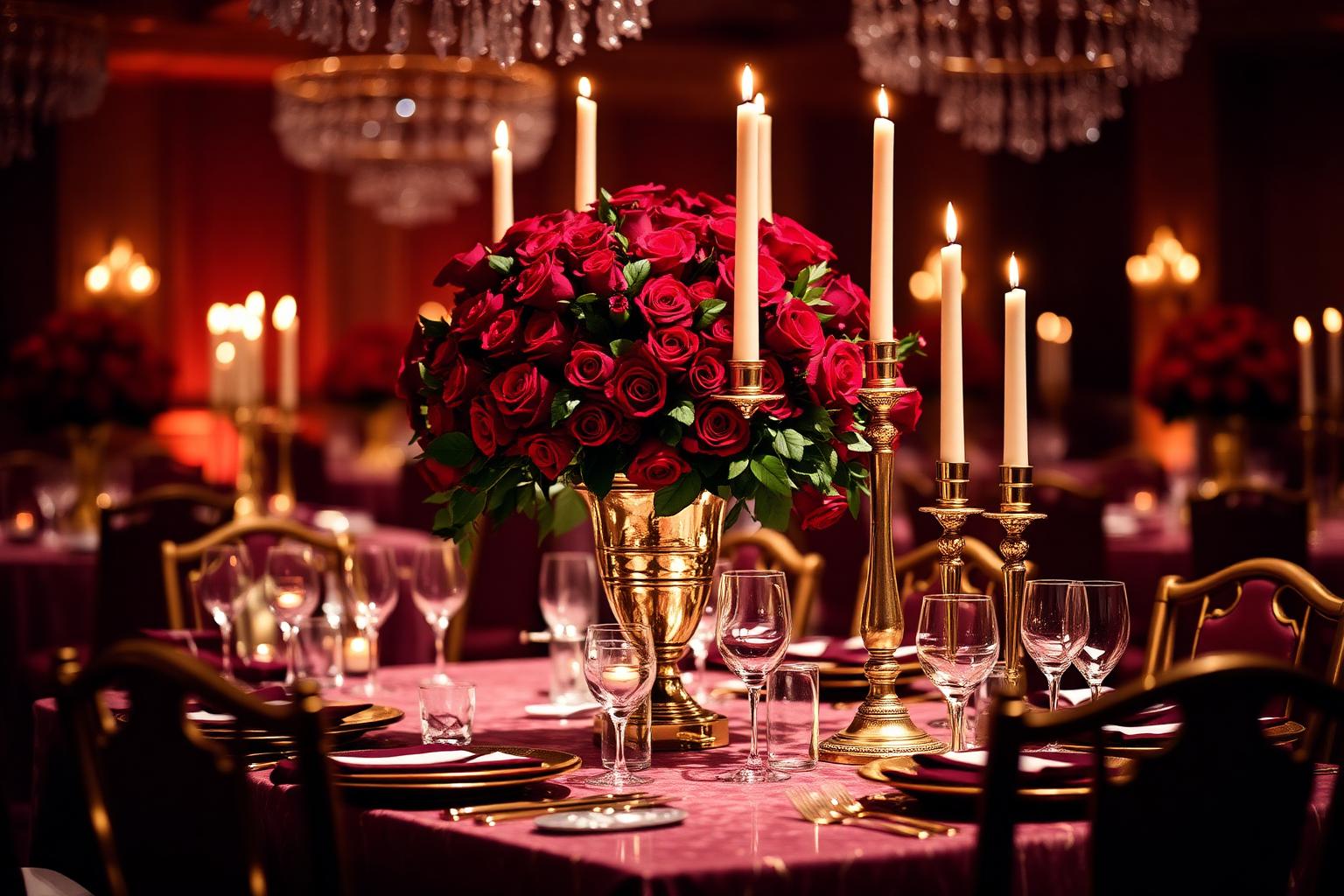 Luxury Las Vegas event tablescape with deep red roses and candlelight